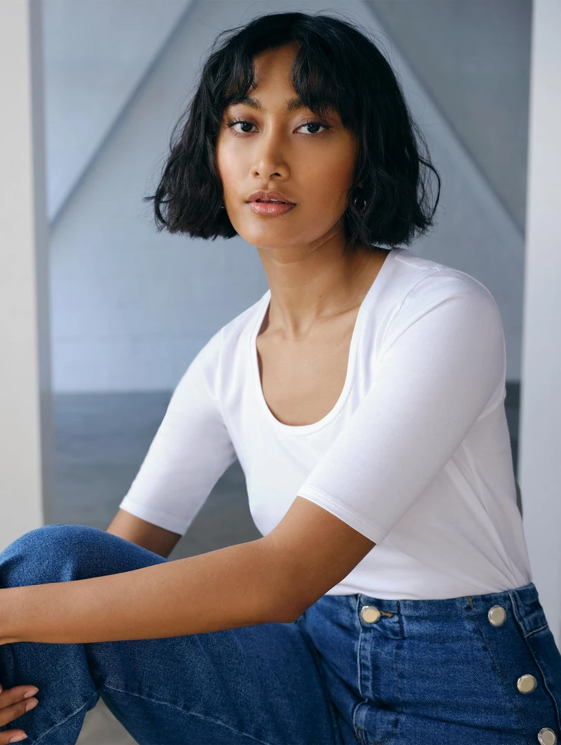 White + Warren Tops + Tees Cotton Modal Elbow Sleeve Scoopneck Tee