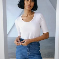 White + Warren Tops + Tees Cotton Modal Elbow Sleeve Scoopneck Tee
