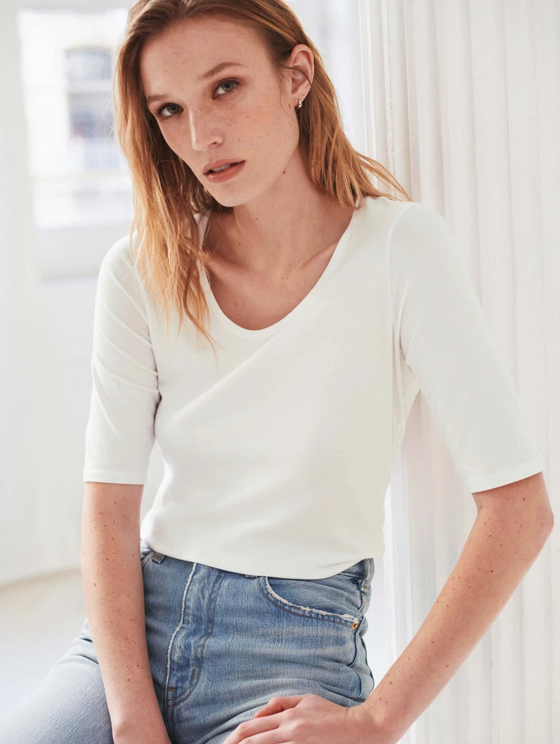 White + Warren Tops + Tees Cotton Modal Elbow Sleeve Scoopneck Tee