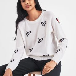 White + Warren Pattern Shop Cashmere Heart Intarsia Sweatshirt