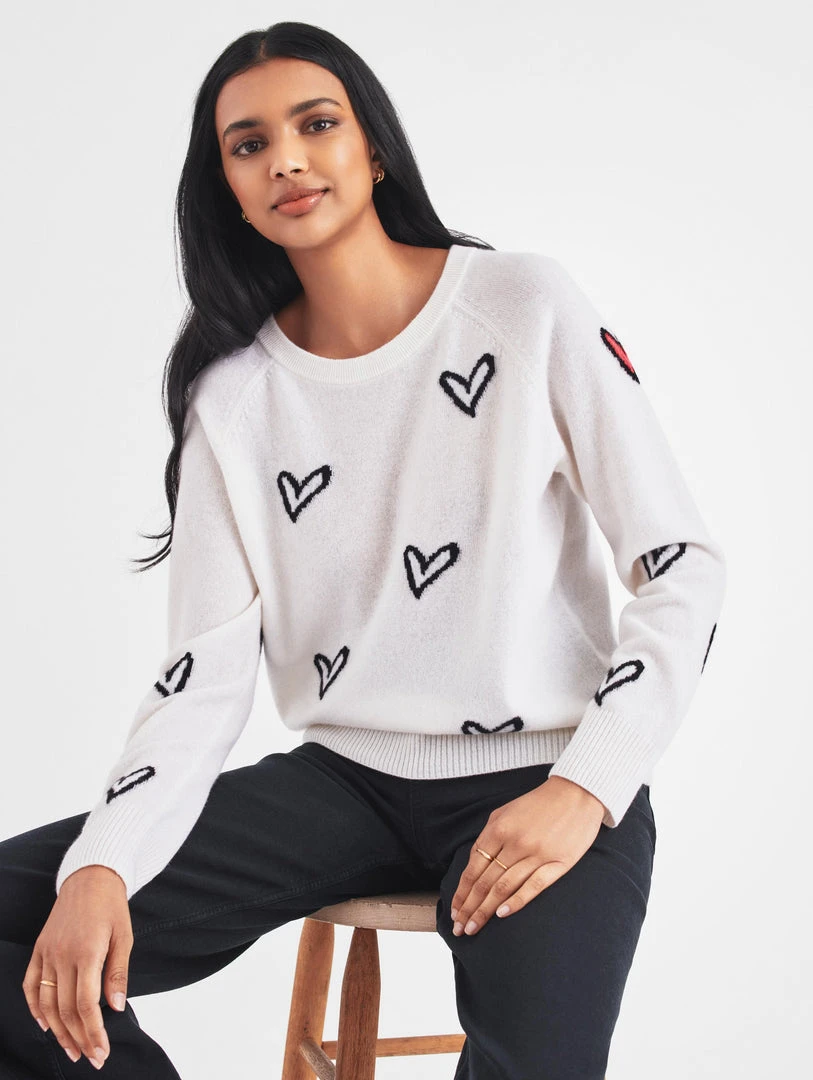 White + Warren Pattern Shop Cashmere Heart Intarsia Sweatshirt