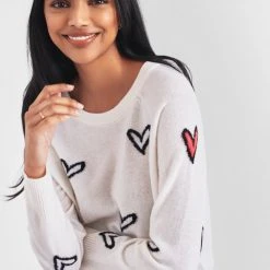 White + Warren Pattern Shop Cashmere Heart Intarsia Sweatshirt