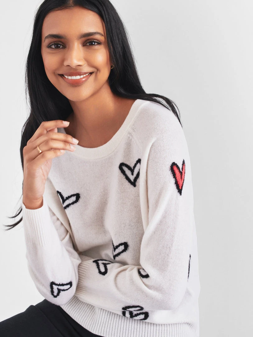 White + Warren Pattern Shop Cashmere Heart Intarsia Sweatshirt