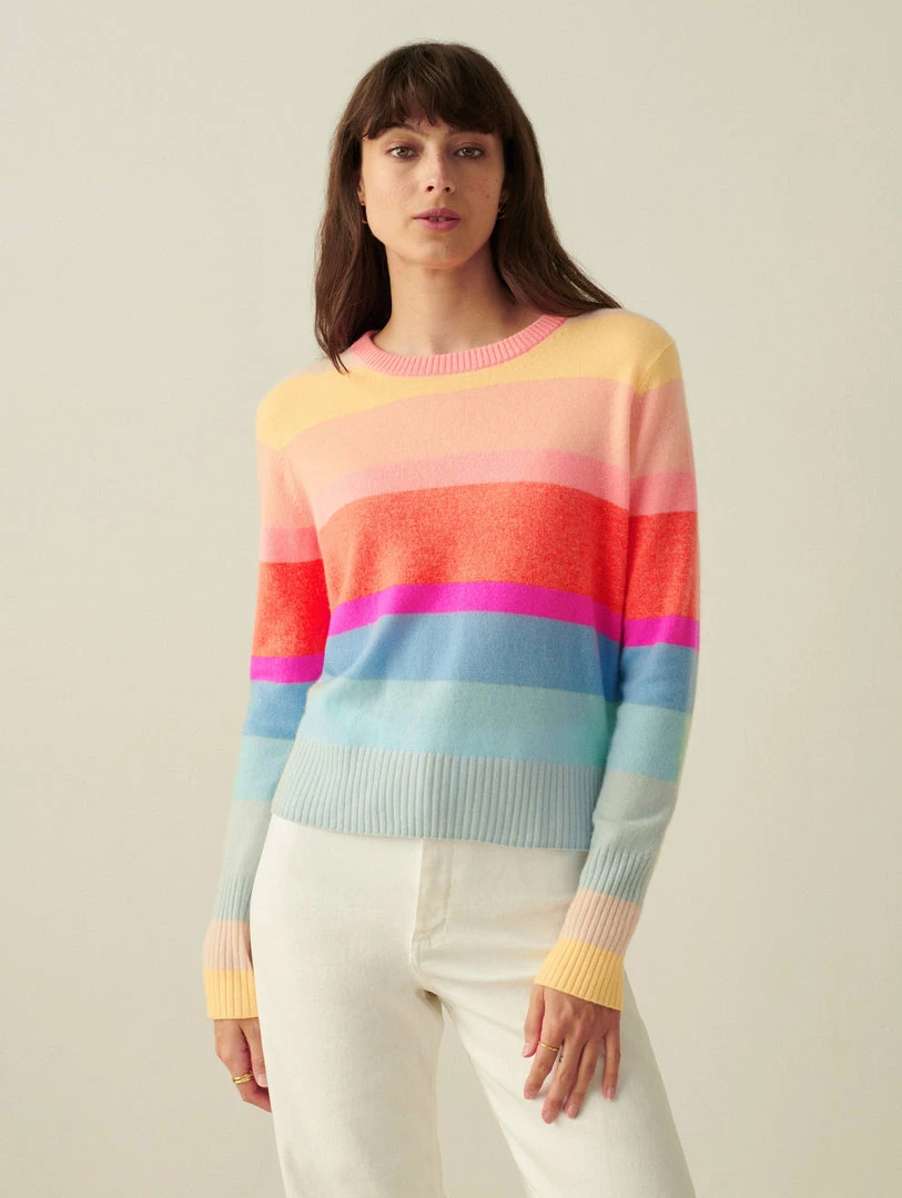 White + Warren Pattern Shop Cashmere Striped Shrunken Crewneck