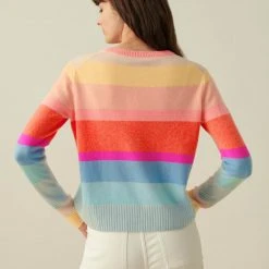 White + Warren Pattern Shop Cashmere Striped Shrunken Crewneck