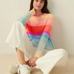 White + Warren Pattern Shop Cashmere Striped Shrunken Crewneck