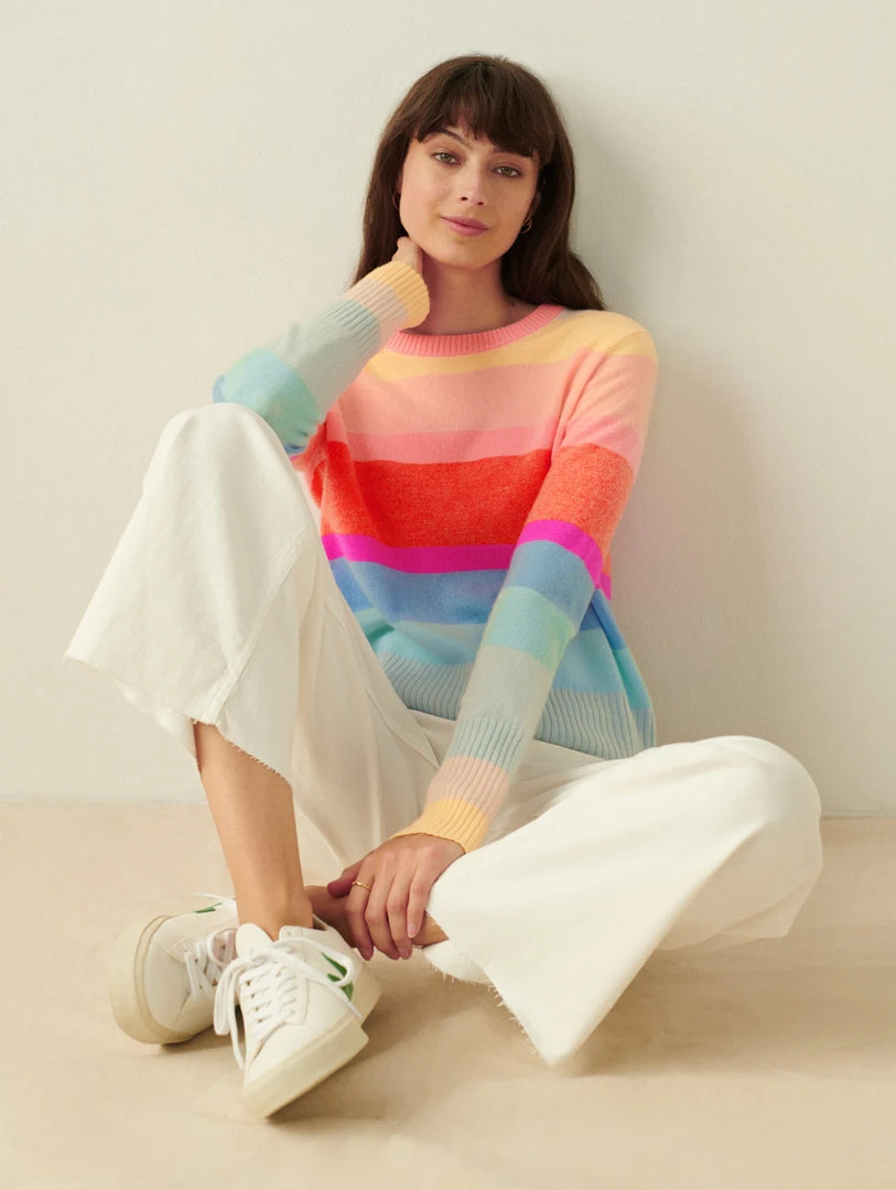 White + Warren Pattern Shop Cashmere Striped Shrunken Crewneck