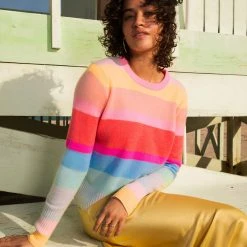 White + Warren Pattern Shop Cashmere Striped Shrunken Crewneck