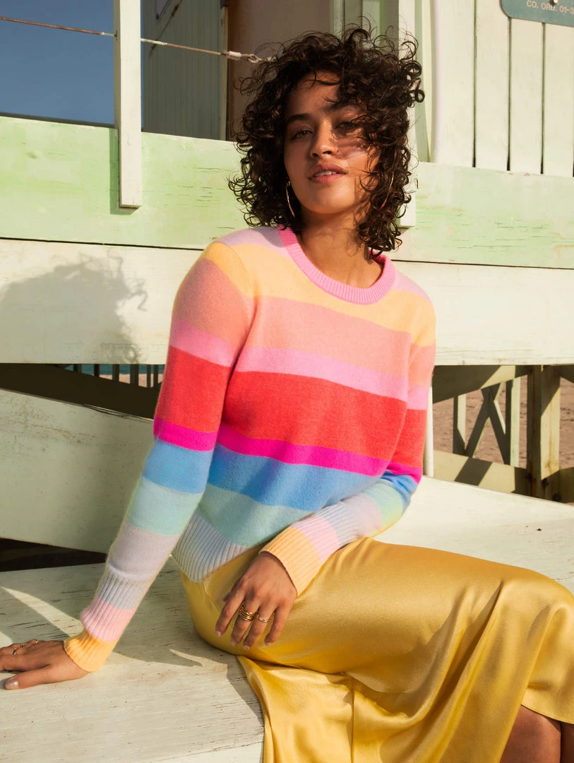 White + Warren Pattern Shop Cashmere Striped Shrunken Crewneck