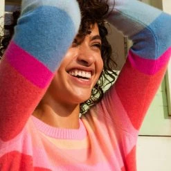 White + Warren Pattern Shop Cashmere Striped Shrunken Crewneck