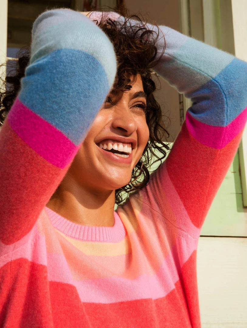 White + Warren Pattern Shop Cashmere Striped Shrunken Crewneck