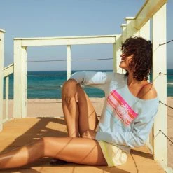 White + Warren Cashmere Sunset Intarsia Off Shoulder Sweatshirt