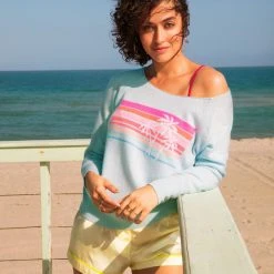 White + Warren Cashmere Sunset Intarsia Off Shoulder Sweatshirt