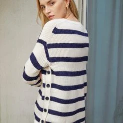White + Warren Cotton Striped Side Button Crewneck