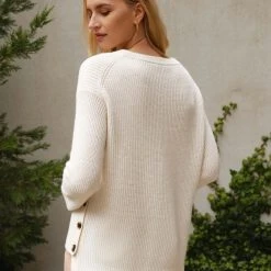 White + Warren Sweaters Cotton Side Button Crewneck