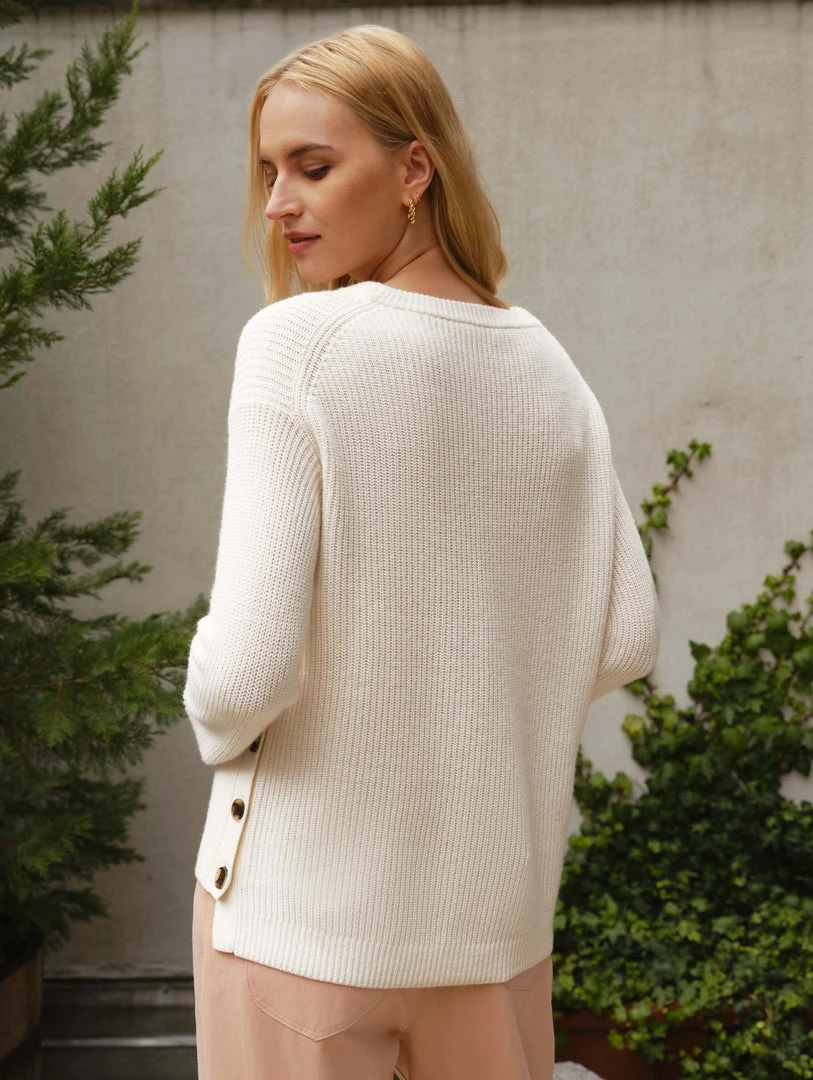 White + Warren Sweaters Cotton Side Button Crewneck