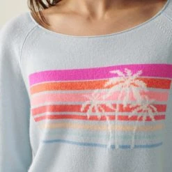 White + Warren Cashmere Sunset Intarsia Off Shoulder Sweatshirt