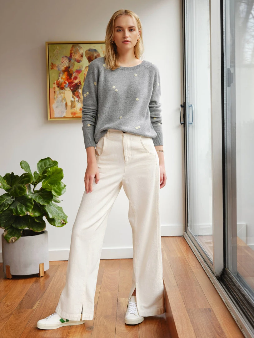 White + Warren Cashmere Embroidered Daisy Sweatshirt