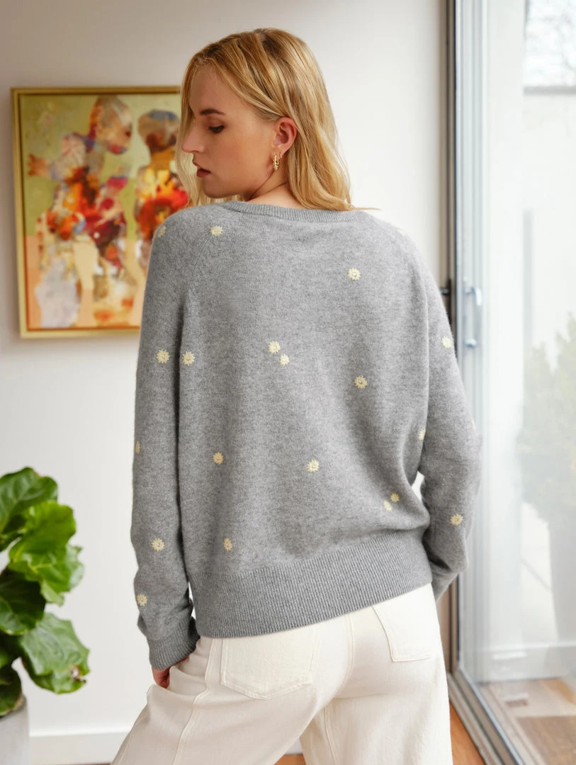 White + Warren Cashmere Embroidered Daisy Sweatshirt