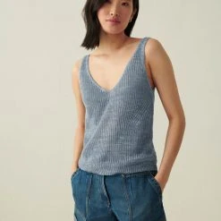 White + Warren Linen Ribbed V Neck Tank