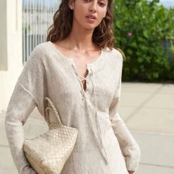 White + Warren Vacation Wardrobe Linen Slub Lace Up Top