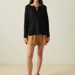 White + Warren Vacation Wardrobe Linen Slub Lace Up Top