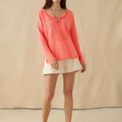 White + Warren Linen Slub Lace Up Top