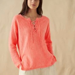 White + Warren Linen Slub Lace Up Top