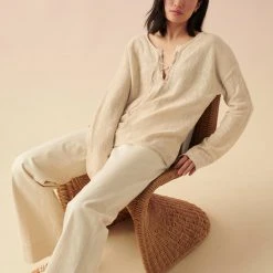 White + Warren Vacation Wardrobe Linen Slub Lace Up Top