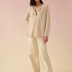 White + Warren Vacation Wardrobe Linen Slub Lace Up Top