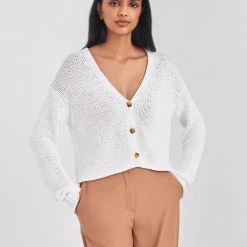 White + Warren Italian Recycled Cotton Cropped Cardigan