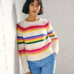 White + Warren Pattern Shop Cotton Striped Rib Crewneck