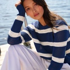 White + Warren Cotton Striped Mesh Crewneck Summer Staples