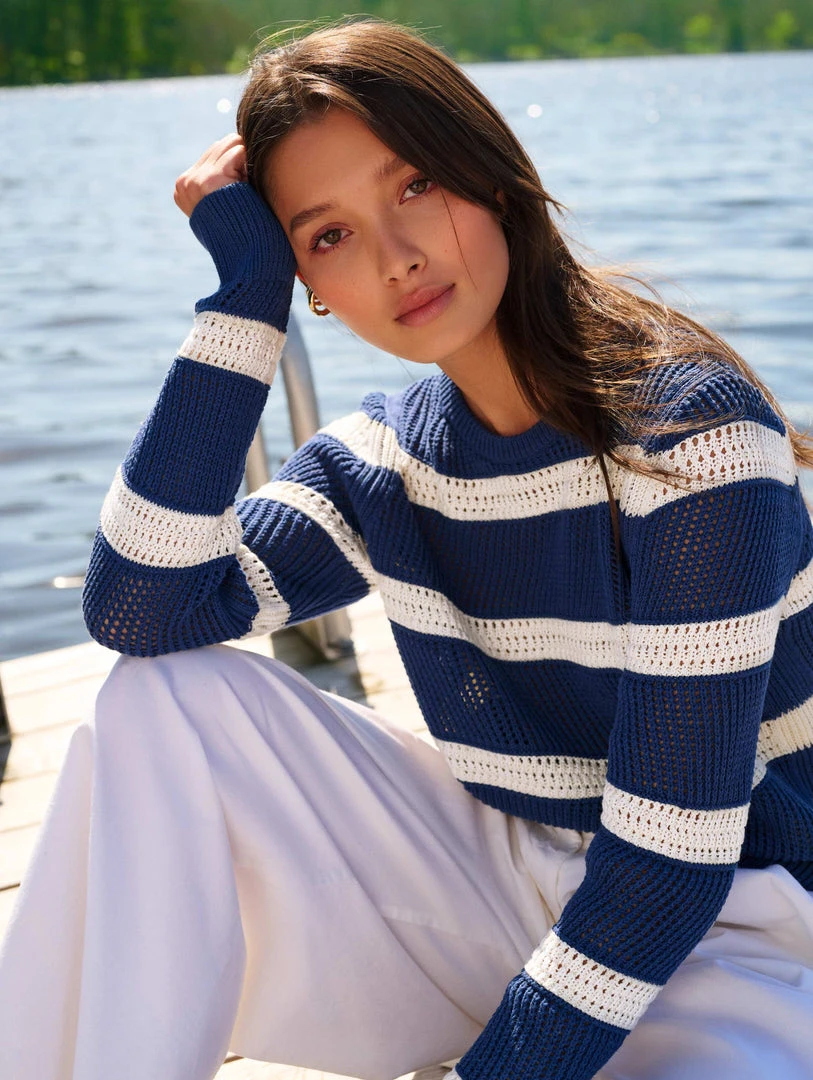 White + Warren Cotton Striped Mesh Crewneck Summer Staples