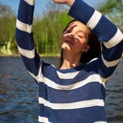 White + Warren Cotton Striped Mesh Crewneck Summer Staples