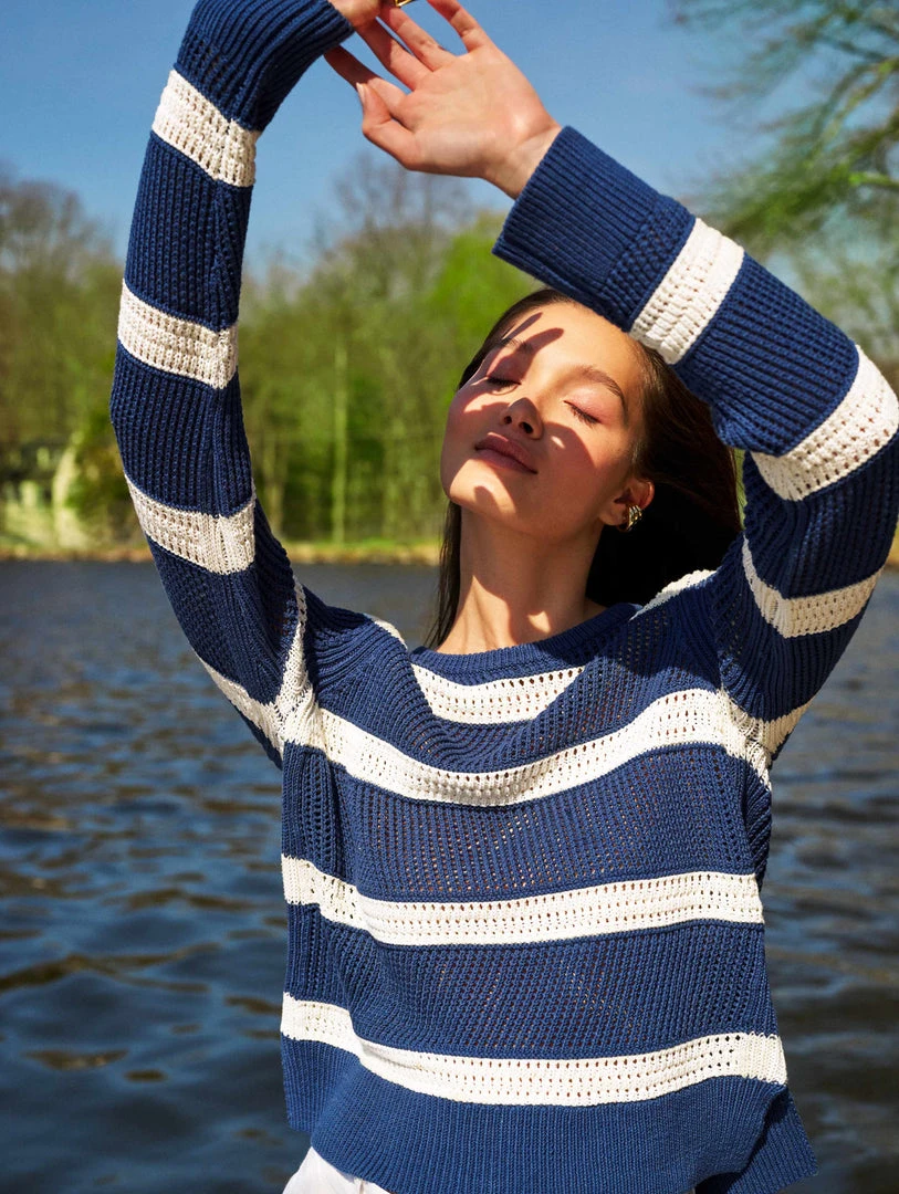 White + Warren Cotton Striped Mesh Crewneck Summer Staples