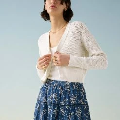 White + Warren Cotton Cropped Mesh Cardigan