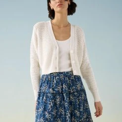 White + Warren Cotton Cropped Mesh Cardigan