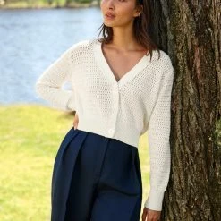 White + Warren Cotton Cropped Mesh Cardigan