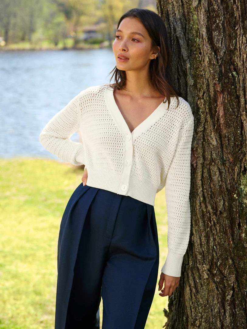 White + Warren Cotton Cropped Mesh Cardigan