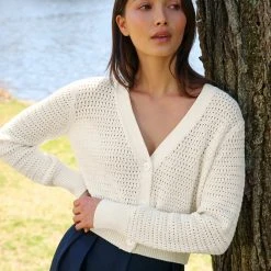 White + Warren Cotton Cropped Mesh Cardigan