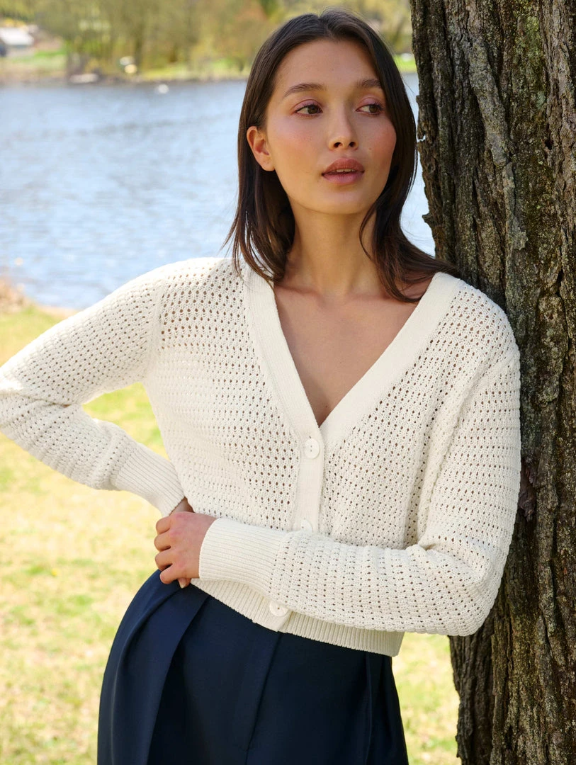 White + Warren Cotton Cropped Mesh Cardigan