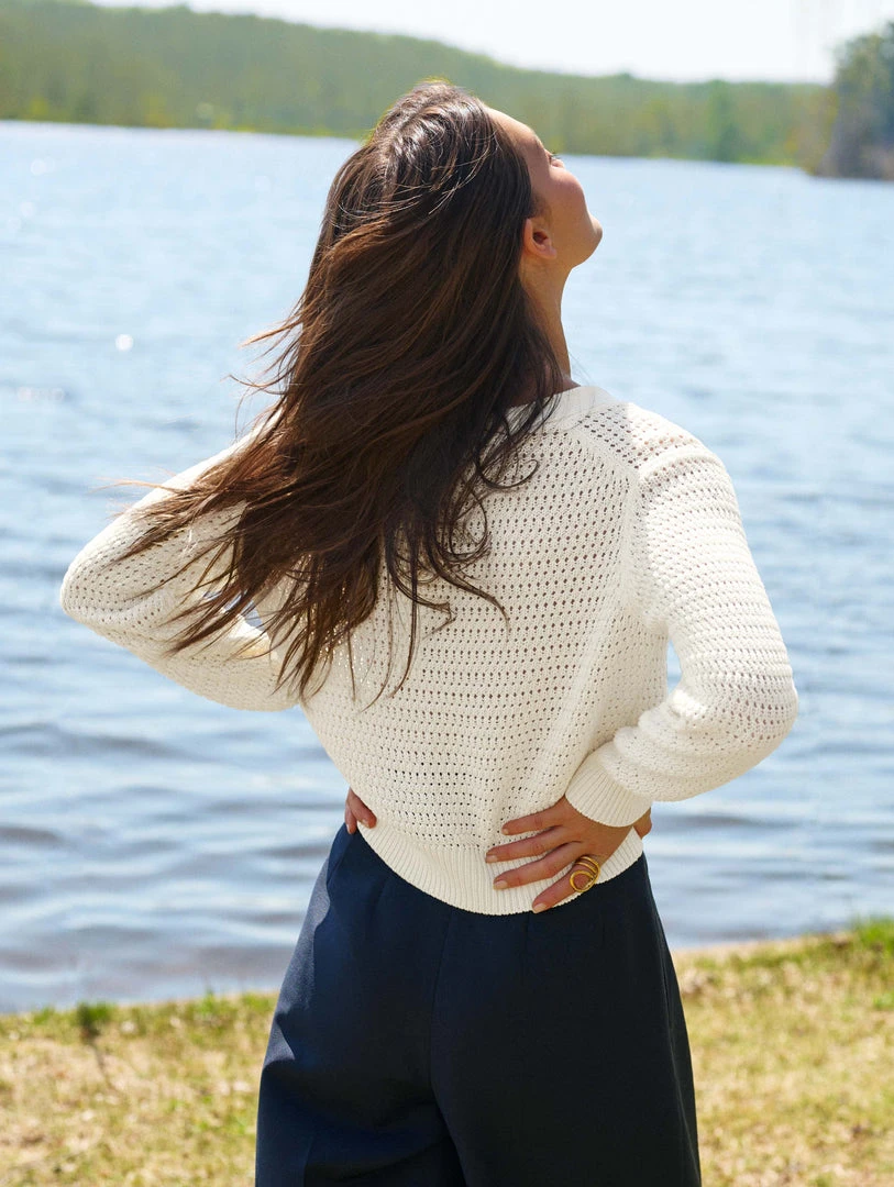 White + Warren Cotton Cropped Mesh Cardigan