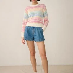 White + Warren Cotton Marled Striped Crewneck
