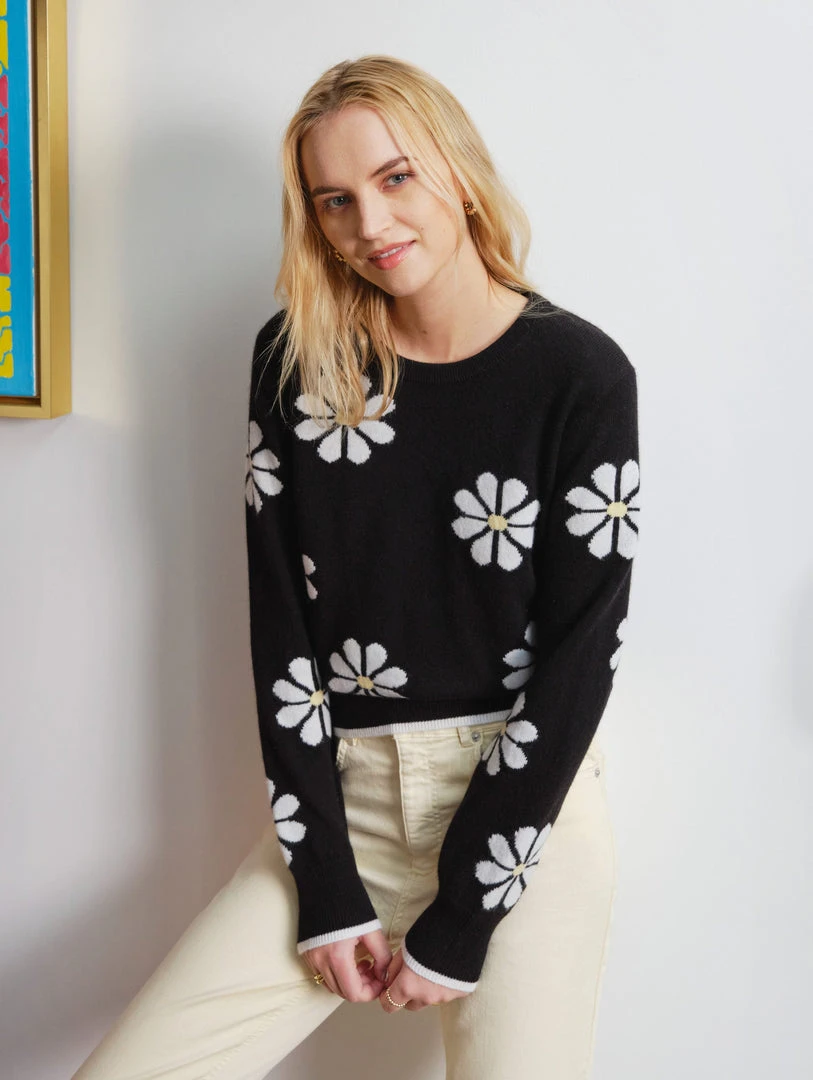 White + Warren Cashmere Daisy Intarsia Sweatshirt