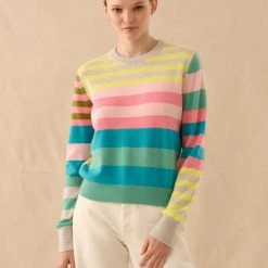 White + Warren Cashmere Mixed Stripe Crewneck