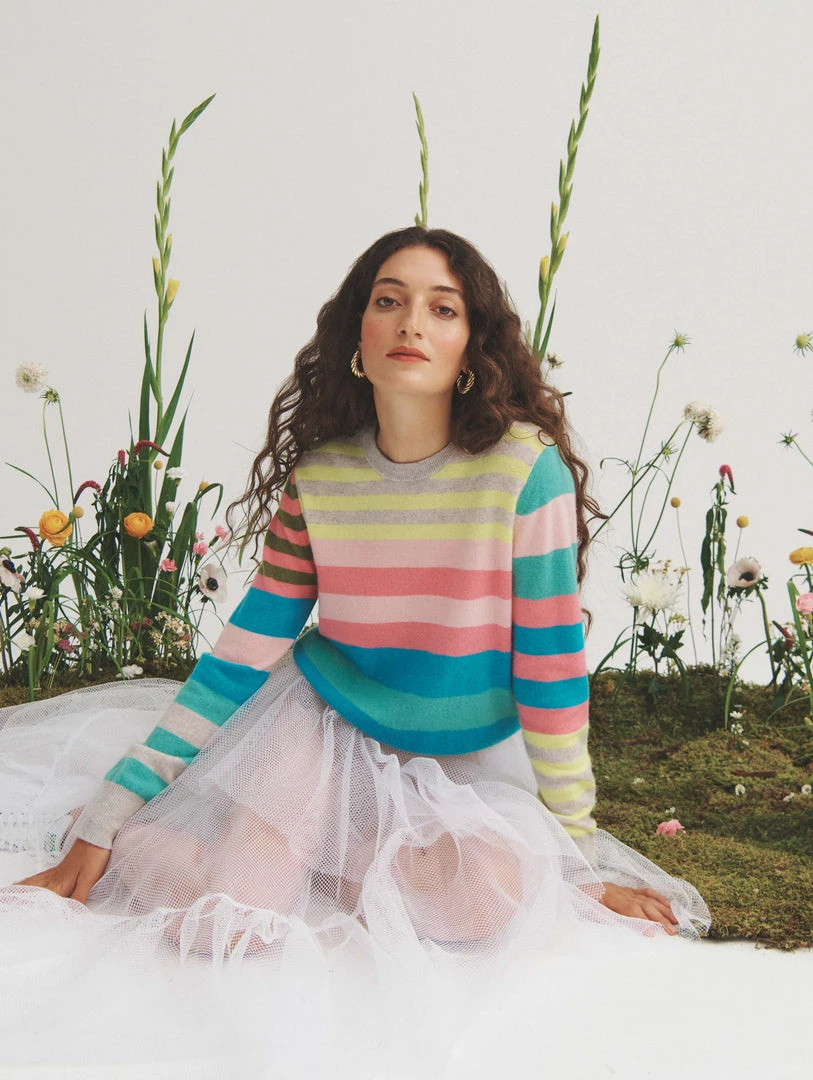 White + Warren Cashmere Mixed Stripe Crewneck