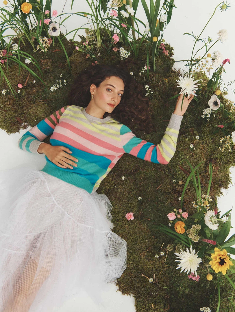 White + Warren Cashmere Mixed Stripe Crewneck